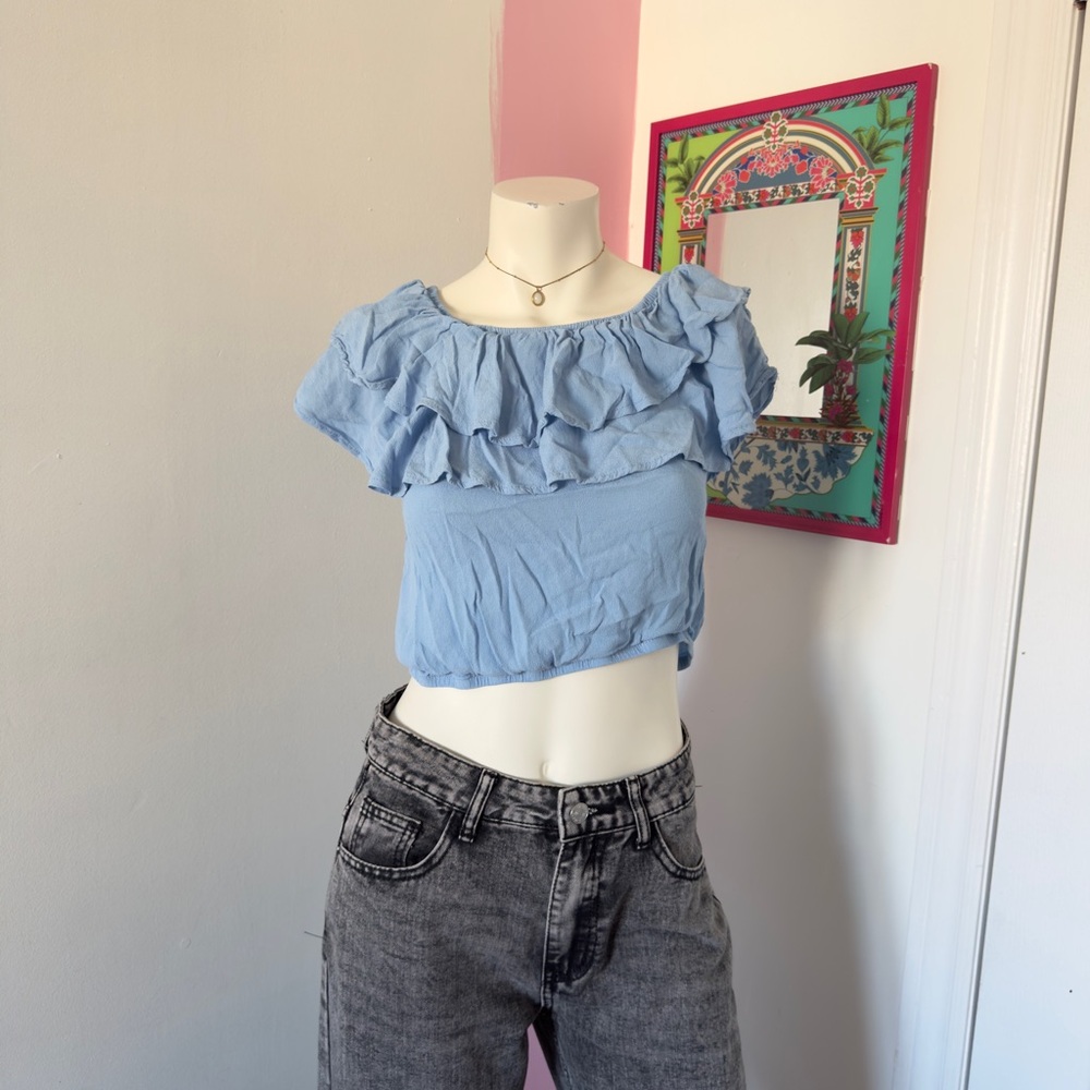 GB girls Light Blue Ruffle Off-Shoulder Crop Top
